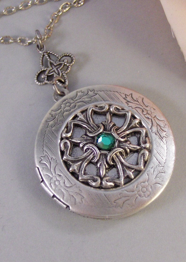 Irish Tailsman,Emerald, Antique Locket,Silver Locket,Heart,Celtic, Irish,Lucky, Shamrock,Love. Handmade jewelry by valleygirldesigns