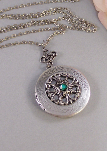 Irish Tailsman,Emerald, Antique Locket,Silver Locket,Heart,Celtic, Irish,Lucky, Shamrock,Love. Handmade jewelry by valleygirldesigns