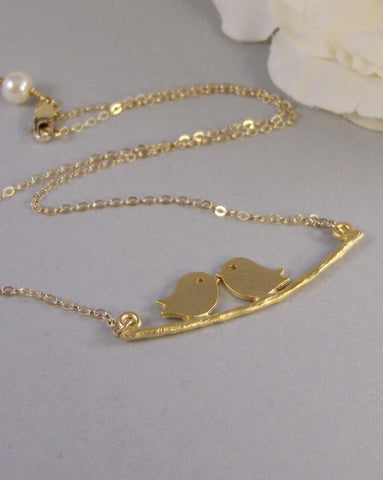 Mia,Gold Necklace,Gold,Bird, Necklace,Wedding Jewelry, Love,Bride,Kissing,Wedding. Handmade Jewelry by valleygirldesigns on Etsy.