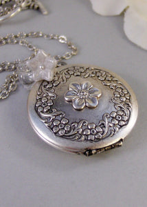 Enchanted,Locket,Silver Locket,Flower,White,Crystal,Antique Locket,Floral,Jewelry. Handmade jewelry by valleygirldesigns.