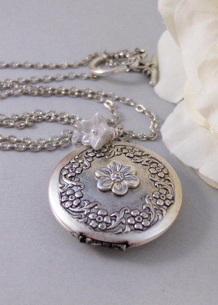 Enchanted,Locket,Silver Locket,Flower,White,Crystal,Antique Locket,Floral,Jewelry. Handmade jewelry by valleygirldesigns.