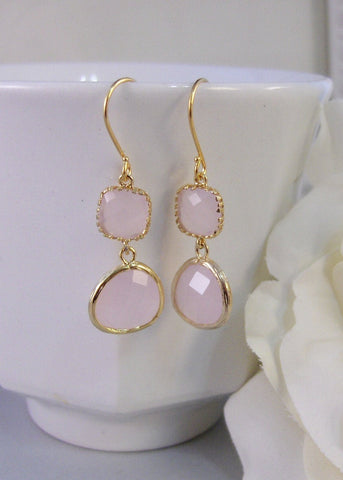 Pink Sea Glass,Earrings,Diamond Earring,Gold Earrings,,Pink Stone,Pink,Opal,Wedding,Bride,Crystal. Handmade jewelery by valleygirldesigns.