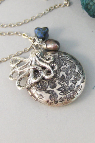 Under The Sea,Locket,Silver Locket,Flower,Octopus,Ocean,Antique Locket,Pearl,Blue,Aqua. Handmade jewelry by valleygirldesigns.