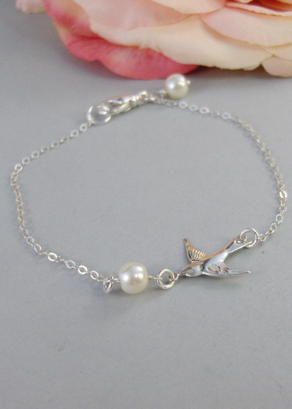 Sparrow's Bracelet,Bracelet,Silver,Silver Bracelet,Branch,Sterling Silver,Bird,Pearl,Bride,Wedding. Handmade jewelry by valleygirldesigns.