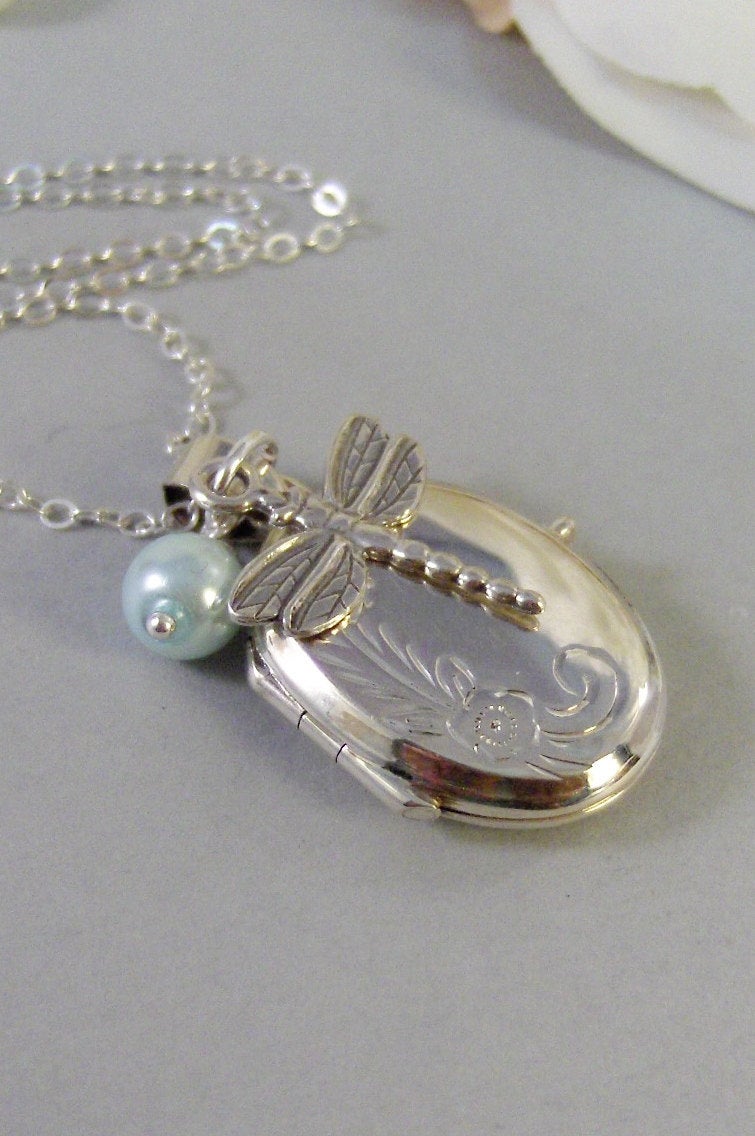 Sterling Dragonfly,Locket,Silver Locket,Sterling,Locket,Dragonfly,Pearl,Wedding Jewelry. Handmade jewelry by valleygirldesigns.