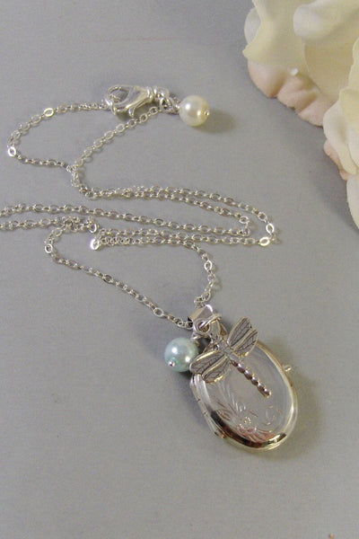 Sterling Dragonfly,Locket,Silver Locket,Sterling,Locket,Dragonfly,Pearl,Wedding Jewelry. Handmade jewelry by valleygirldesigns.