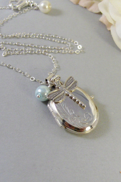 Sterling Dragonfly,Locket,Silver Locket,Sterling,Locket,Dragonfly,Pearl,Wedding Jewelry. Handmade jewelry by valleygirldesigns.