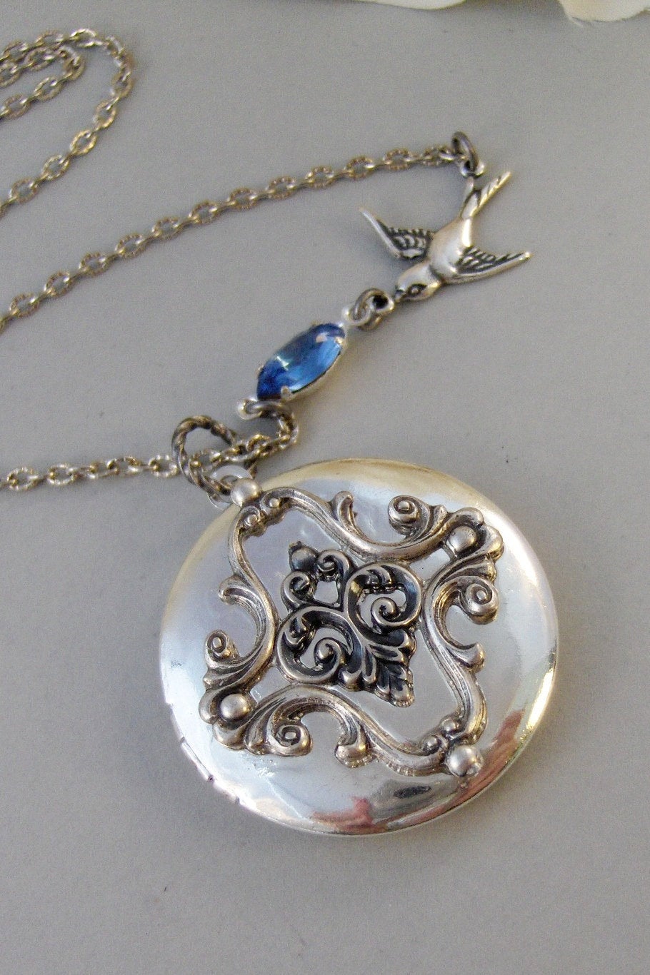 Sparrows Compass,Locket,Silver Locket,Flower,Blue,Sapphire,Antique Locket,Bird,Jewelry. Handmade jewelry by valleygirldesigns.
