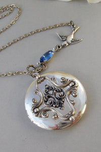 Sparrows Compass,Locket,Silver Locket,Flower,Blue,Sapphire,Antique Locket,Bird,Jewelry. Handmade jewelry by valleygirldesigns.