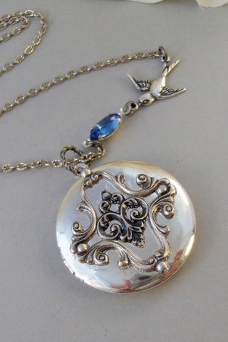 Sparrows Compass,Locket,Silver Locket,Flower,Blue,Sapphire,Antique Locket,Bird,Jewelry. Handmade jewelry by valleygirldesigns.