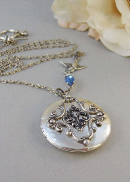 Sparrows Compass,Locket,Silver Locket,Flower,Blue,Sapphire,Antique Locket,Bird,Jewelry. Handmade jewelry by valleygirldesigns.