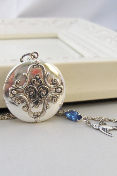 Sparrows Compass,Locket,Silver Locket,Flower,Blue,Sapphire,Antique Locket,Bird,Jewelry. Handmade jewelry by valleygirldesigns.