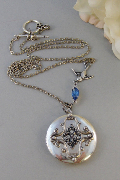 Sparrows Compass,Locket,Silver Locket,Flower,Blue,Sapphire,Antique Locket,Bird,Jewelry. Handmade jewelry by valleygirldesigns.
