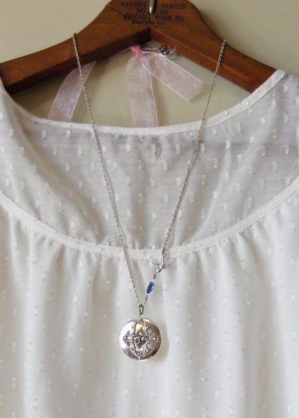 Sparrows Compass,Locket,Silver Locket,Flower,Blue,Sapphire,Antique Locket,Bird,Jewelry. Handmade jewelry by valleygirldesigns.