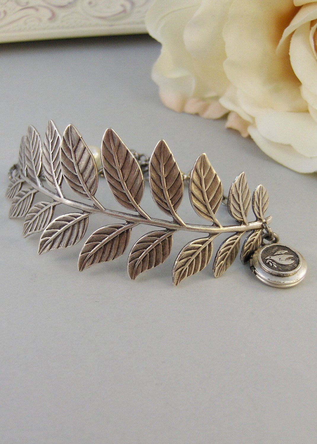 Peace Branch,Bracelet,Silver Bracelet,Bracelet,Silver,Antique Bracelet,Branch,Fern,Bird,Locket,Peace. Jewelry by valleygirldesigns.