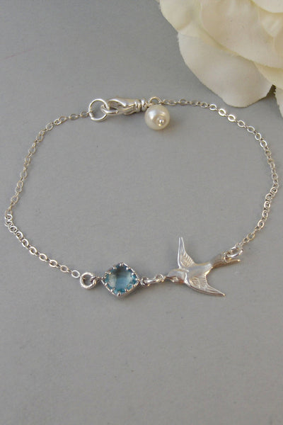 Sparrow's Breeze,Bracelet,Aqumarine,Sterling Silver,Bird,Blue,Silver Bracelet,Bird,Bride,Wedding,Bridesmaid. Jewelry by valleygirldesigns.