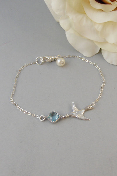 Sparrow's Breeze,Bracelet,Aqumarine,Sterling Silver,Bird,Blue,Silver Bracelet,Bird,Bride,Wedding,Bridesmaid. Jewelry by valleygirldesigns.