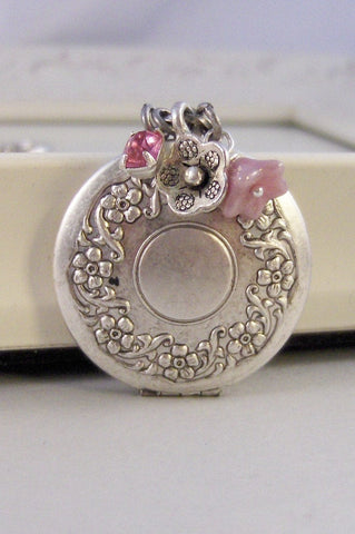 Petal,Locket,Silver,Flower,Antiqued,Blush,Brass,Pink,Vintage Rhinestone.Jewelery by Valleygirldesigns.