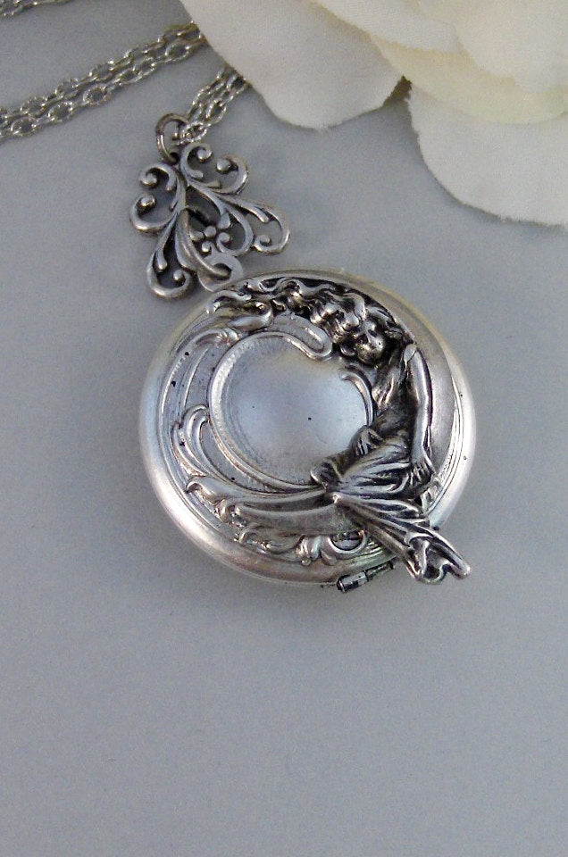Moon Goddess,Moon Necklace,Goddess Necklace,Crescent Moon,Moon Jewelry,Goddess Jewelry,Moon Locket,Goddess Locket,Girl in Moon,valleygirl