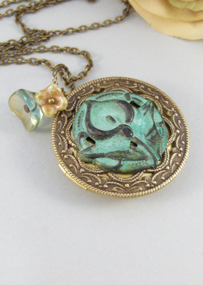 Sage Lily,Brass Locket,Patina Locket,Flower,Woodland,Lily,Green,Teal,Aqua,Patina,Virdigris. Handmade jewelery by valleygirldesigns on Etsy.