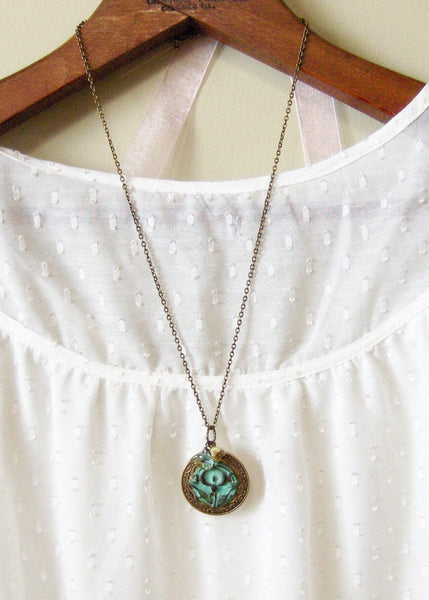 Sage Lily,Brass Locket,Patina Locket,Flower,Woodland,Lily,Green,Teal,Aqua,Patina,Virdigris. Handmade jewelery by valleygirldesigns on Etsy.