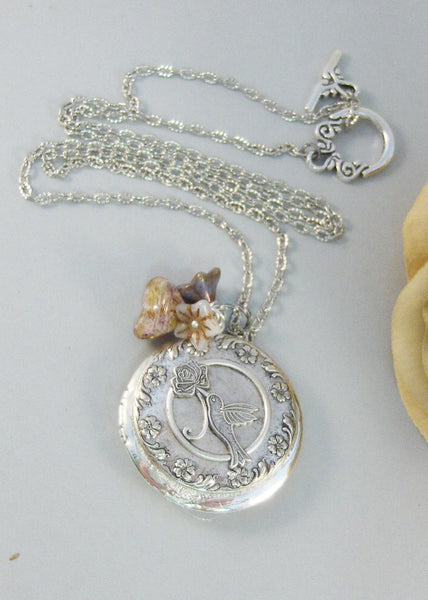 Hummingbird,Locket,Silver Locket,Flower,Bird,Purple,Ivory,Antique Locket,Floral,Jewelry. Handmade jewelry by valleygirldesigns.