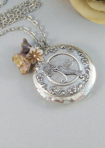 Hummingbird,Locket,Silver Locket,Flower,Bird,Purple,Ivory,Antique Locket,Floral,Jewelry. Handmade jewelry by valleygirldesigns.