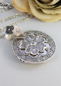 Midnight Bloom,Locket,Silver Locket,Blossom,Flower,Blue,Ivory,Antique Locket,Night,Pearl,Jewelry. Handmade jewelry by valleygirldesigns.