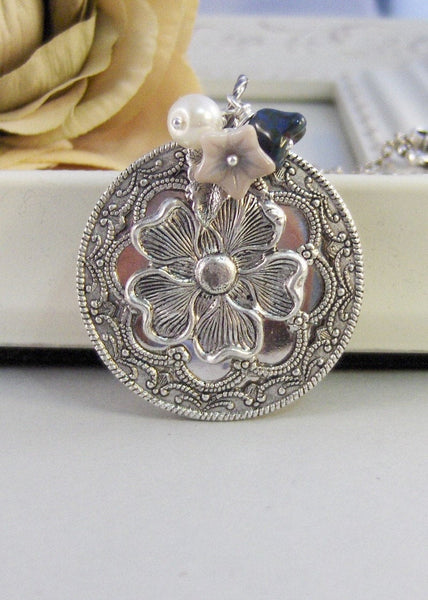 Midnight Bloom,Locket,Silver Locket,Blossom,Flower,Blue,Ivory,Antique Locket,Night,Pearl,Jewelry. Handmade jewelry by valleygirldesigns.