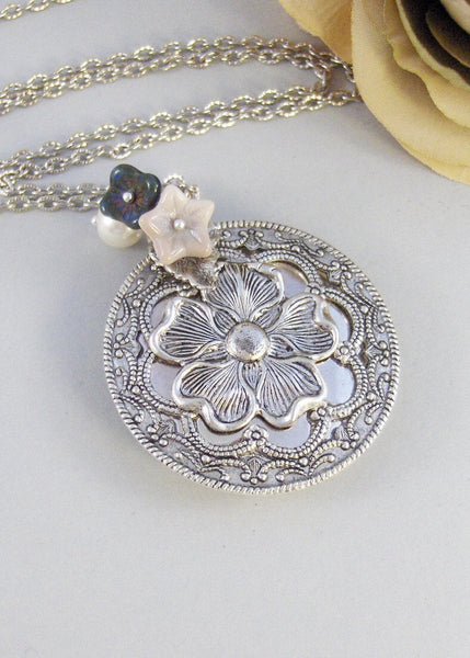 Midnight Bloom,Locket,Silver Locket,Blossom,Flower,Blue,Ivory,Antique Locket,Night,Pearl,Jewelry. Handmade jewelry by valleygirldesigns.