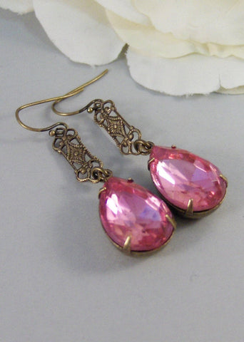 SALE Pink Velvet,Earring,Vintage Earrings,Pink Rhinestone,Diamond Earrings,Rhinestone,Diamond,Earrings. Valleygirldesigns.
