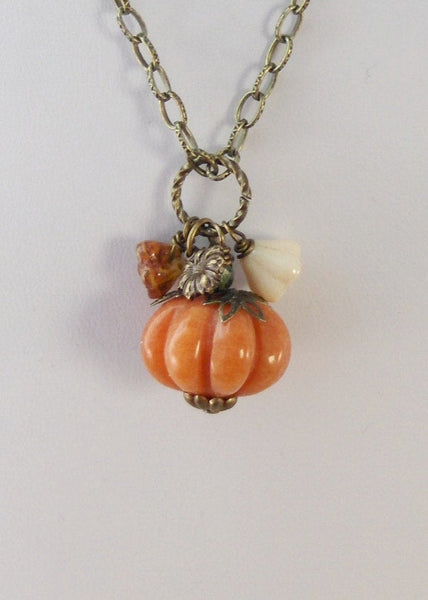 Pumpkin Blossom,Necklace,Brass Necklace,Antique Necklace,Jade,Pumpkin,Orange,Leaf,Fall,Halloween. Handmade jewelery by valleygirldesigns.