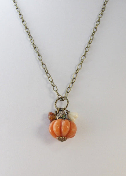 Pumpkin Blossom,Necklace,Brass Necklace,Antique Necklace,Jade,Pumpkin,Orange,Leaf,Fall,Halloween. Handmade jewelery by valleygirldesigns.