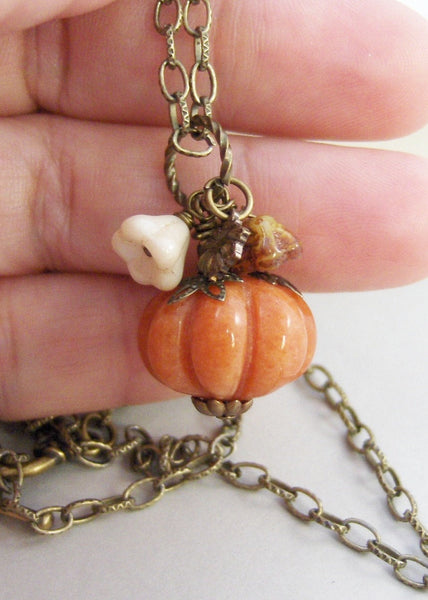 Pumpkin Blossom,Necklace,Brass Necklace,Antique Necklace,Jade,Pumpkin,Orange,Leaf,Fall,Halloween. Handmade jewelery by valleygirldesigns.