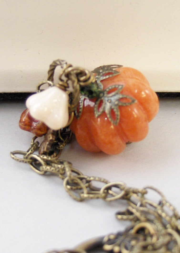 Pumpkin Blossom,Necklace,Brass Necklace,Antique Necklace,Jade,Pumpkin,Orange,Leaf,Fall,Halloween. Handmade jewelery by valleygirldesigns.