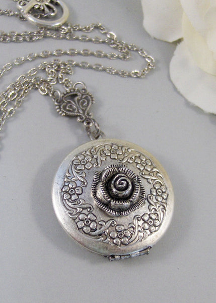 Frosted Rose,Locket,Silver Locket,Rose,Flower,Antique Locket,Antique,Nature,Woodland,Silver. Handmade jewelry by valleygirldesigns.