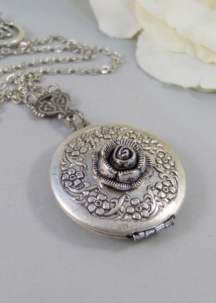 Frosted Rose,Locket,Silver Locket,Rose,Flower,Antique Locket,Antique,Nature,Woodland,Silver. Handmade jewelry by valleygirldesigns.