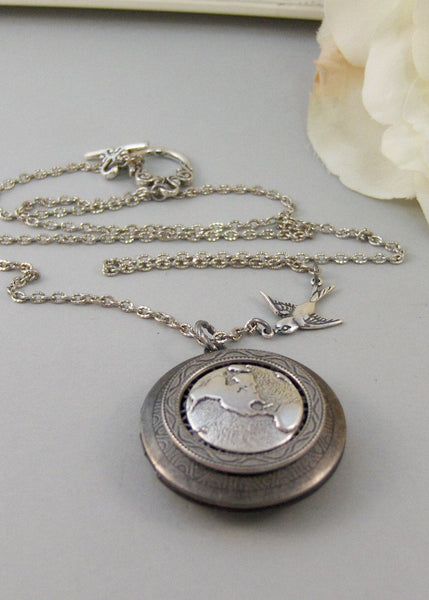 Little Traveler,Locket,Silver Locket,Bird,Wing,Globe,World,Sparrow,Antique Locket,Steampunk. Handmade jewelry by valleygirldesigns.