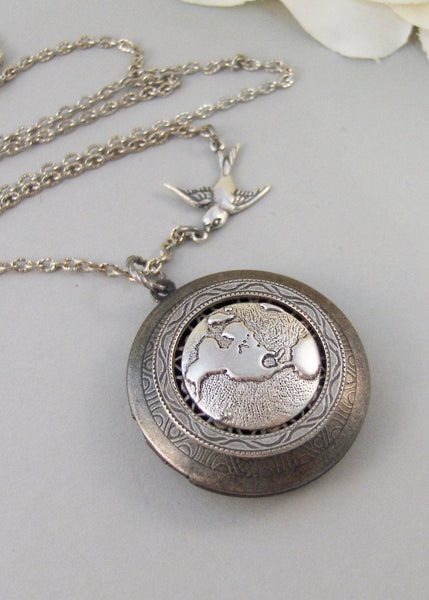 Little Traveler,Locket,Silver Locket,Bird,Wing,Globe,World,Sparrow,Antique Locket,Steampunk. Handmade jewelry by valleygirldesigns.