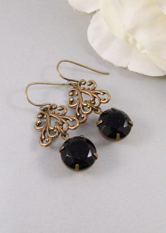 SALE Gemma,Earring,Vintage Earrings,Black Rhinestone, Earrings,Rhinestone,Brass Earrings.Handmade jewelry by Valleygirldesigns.