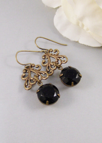 Gemma,Earring,Vintage Earrings,Black Rhinestone, Earrings,Rhinestone,Brass Earrings.Handmade jewelry by Valleygirldesigns.