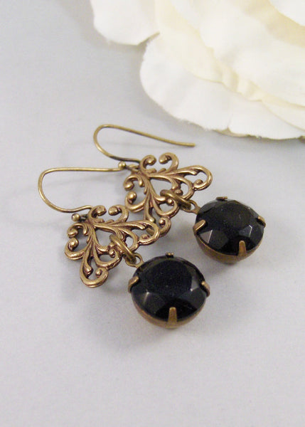 Gemma,Earring,Vintage Earrings,Black Rhinestone, Earrings,Rhinestone,Brass Earrings.Handmade jewelry by Valleygirldesigns.
