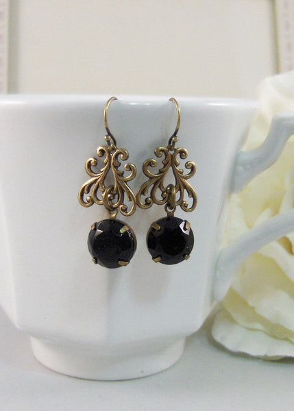 Gemma,Earring,Vintage Earrings,Black Rhinestone, Earrings,Rhinestone,Brass Earrings.Handmade jewelry by Valleygirldesigns.