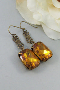November,Vintage Earrings,Topaz Earrings,Brass Earrings,Rhinestone,Topaz,Earrings,Rhinestone. Handmade Jewelry by valleygirldesigns.