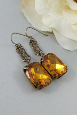 November,Vintage Earrings,Topaz Earrings,Brass Earrings,Rhinestone,Topaz,Earrings,Rhinestone. Handmade Jewelry by valleygirldesigns.