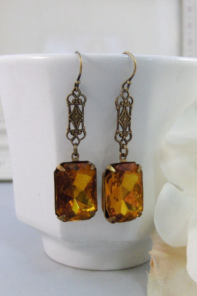 November,Vintage Earrings,Topaz Earrings,Brass Earrings,Rhinestone,Topaz,Earrings,Rhinestone. Handmade Jewelry by valleygirldesigns.