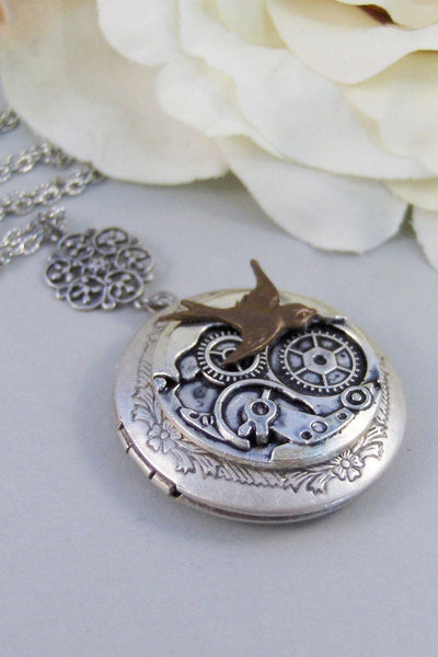 Wings of Time,Locket,Silver Locket,Steampunk Locket, Antique Locket,Pocketwatch,Bird,Bird Locket. Handmade jewelry by valleygirldesigns.