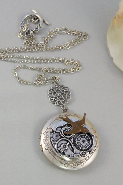 Wings of Time,Locket,Silver Locket,Steampunk Locket, Antique Locket,Pocketwatch,Bird,Bird Locket. Handmade jewelry by valleygirldesigns.