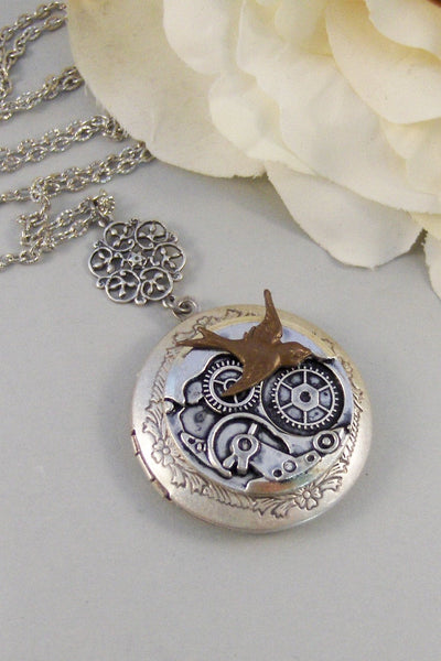 Wings of Time,Locket,Silver Locket,Steampunk Locket, Antique Locket,Pocketwatch,Bird,Bird Locket. Handmade jewelry by valleygirldesigns.