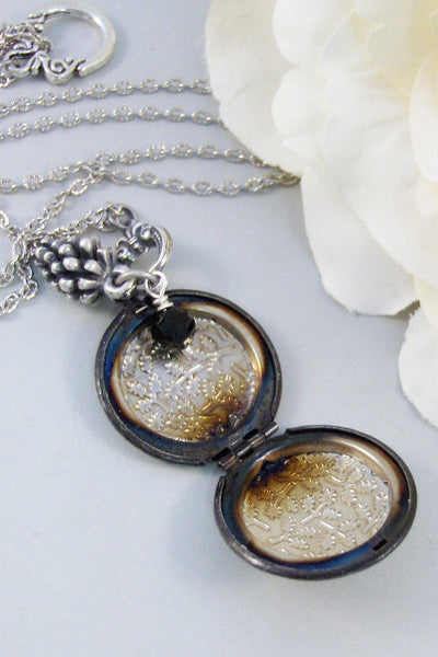 Winter Pine,Locket,Silver Locket,Pinecone,Antique Locket,Woodland,Black,Steampunk Locket. Handmade jewelry by valleygirldesigns.